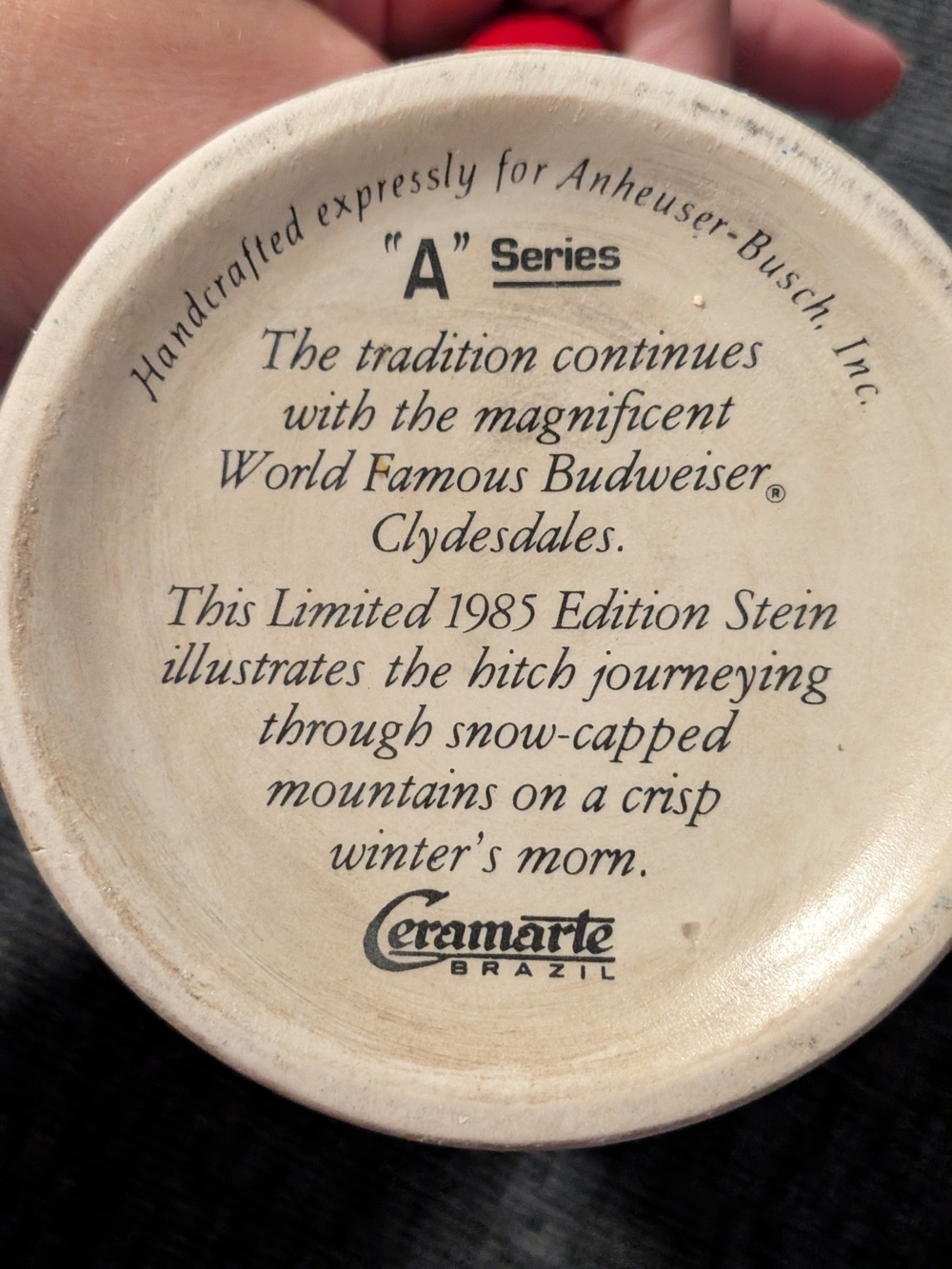 Budweiser Ceramic Stein with Red and Cream Clydesdales
